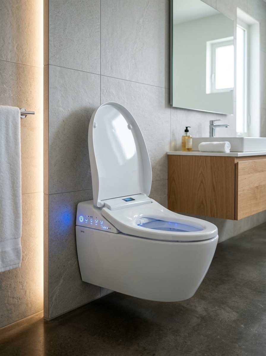 A white wall-hung electronic bidet toilet featuring a touch control panel and blue interior lighting.