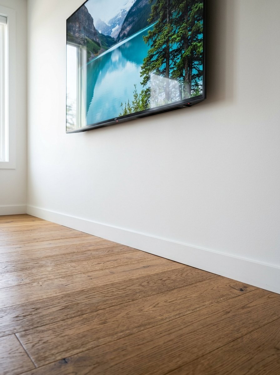 Close up of wide plank oak flooring beneath a television mounted on a clean white wall.