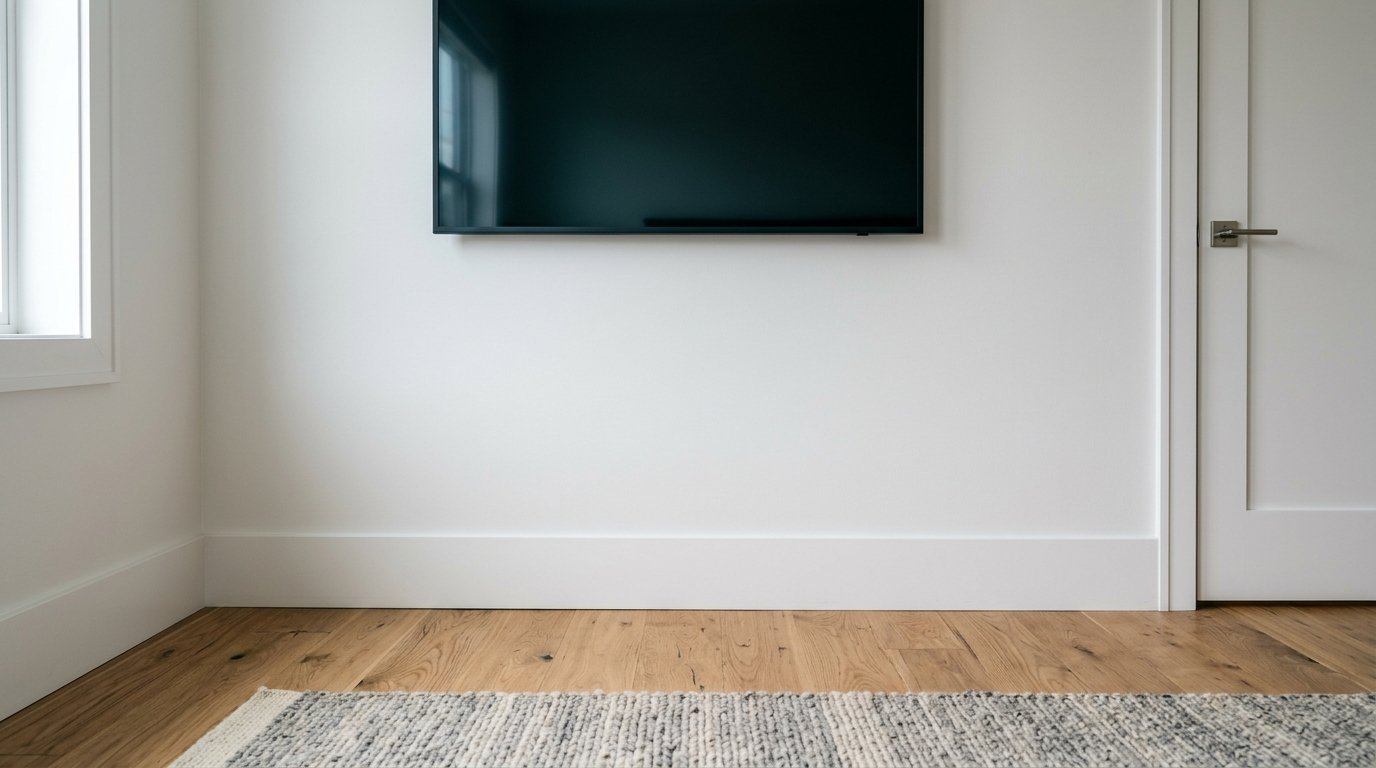 A black TV screen above a white baseboard with light wood floors and a gray area rug.