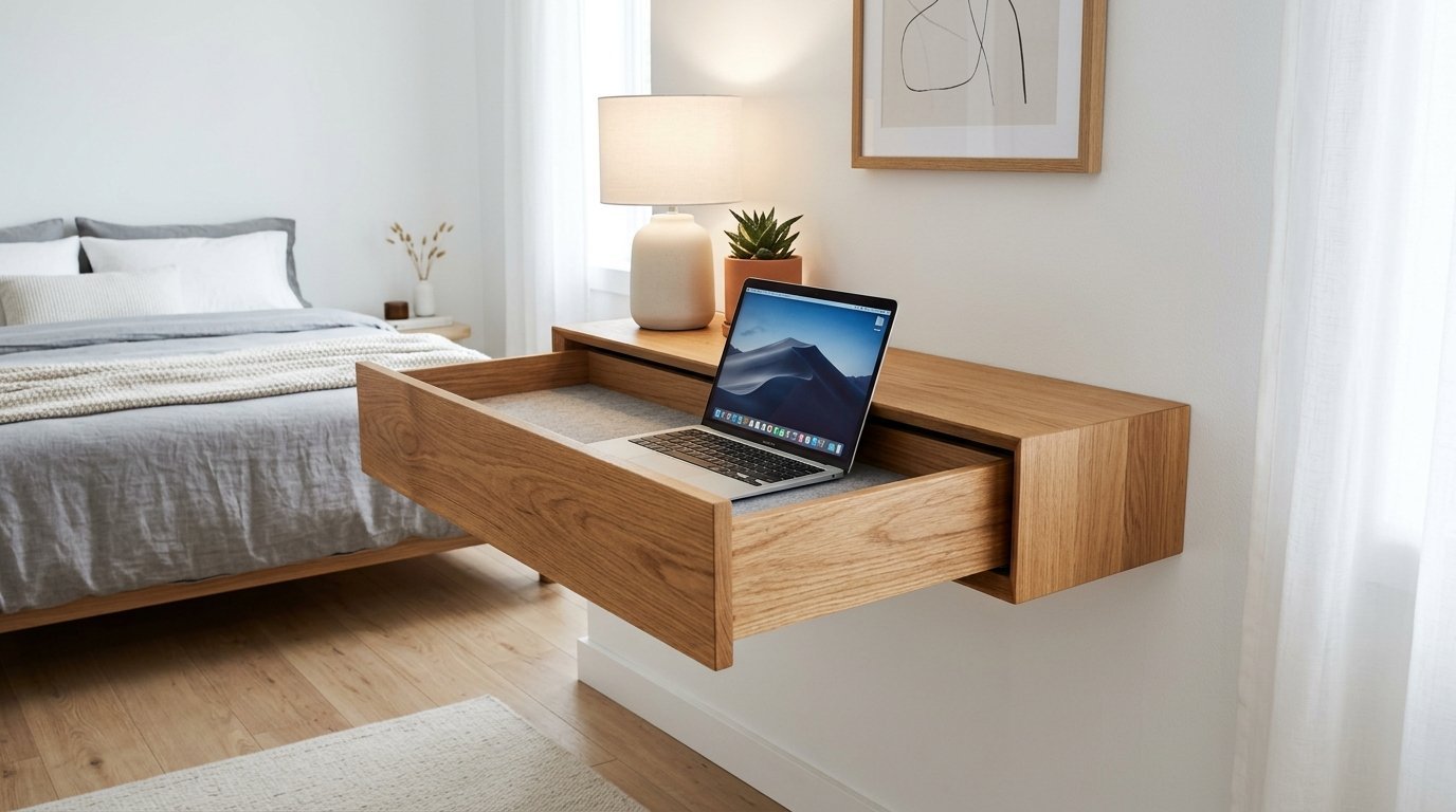 Open drawer of a floating oak desk holding a laptop with a lamp and succulent nearby.