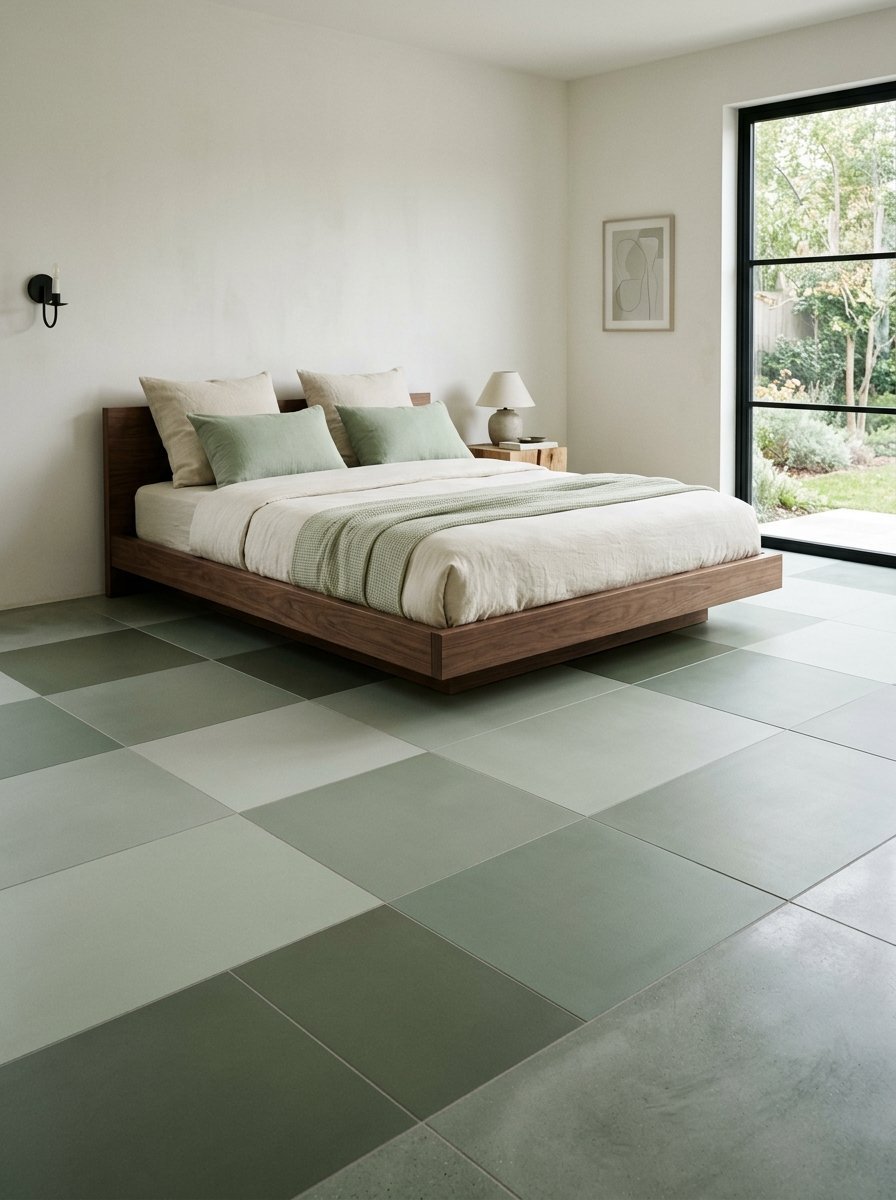 A wooden platform bed with green bedding set against a room with a large-scale sage and white checkered tile floor.