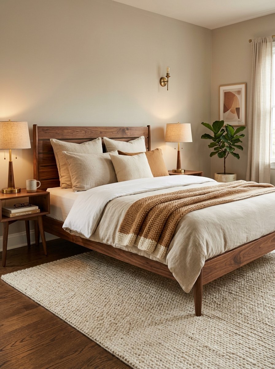 Modern wooden bed with beige pillows and a knit blanket in a cozy room with bedside lamps.
