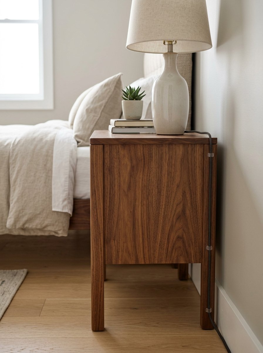 A wooden nightstand with a lamp and succulent sits next to a bed with beige bedding.