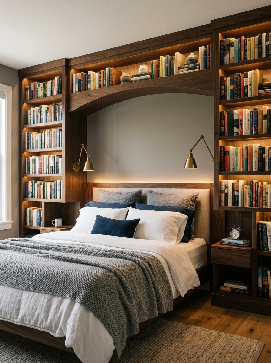 A bed framed by an arched wooden bookshelf with integrated lighting and wall sconces.
