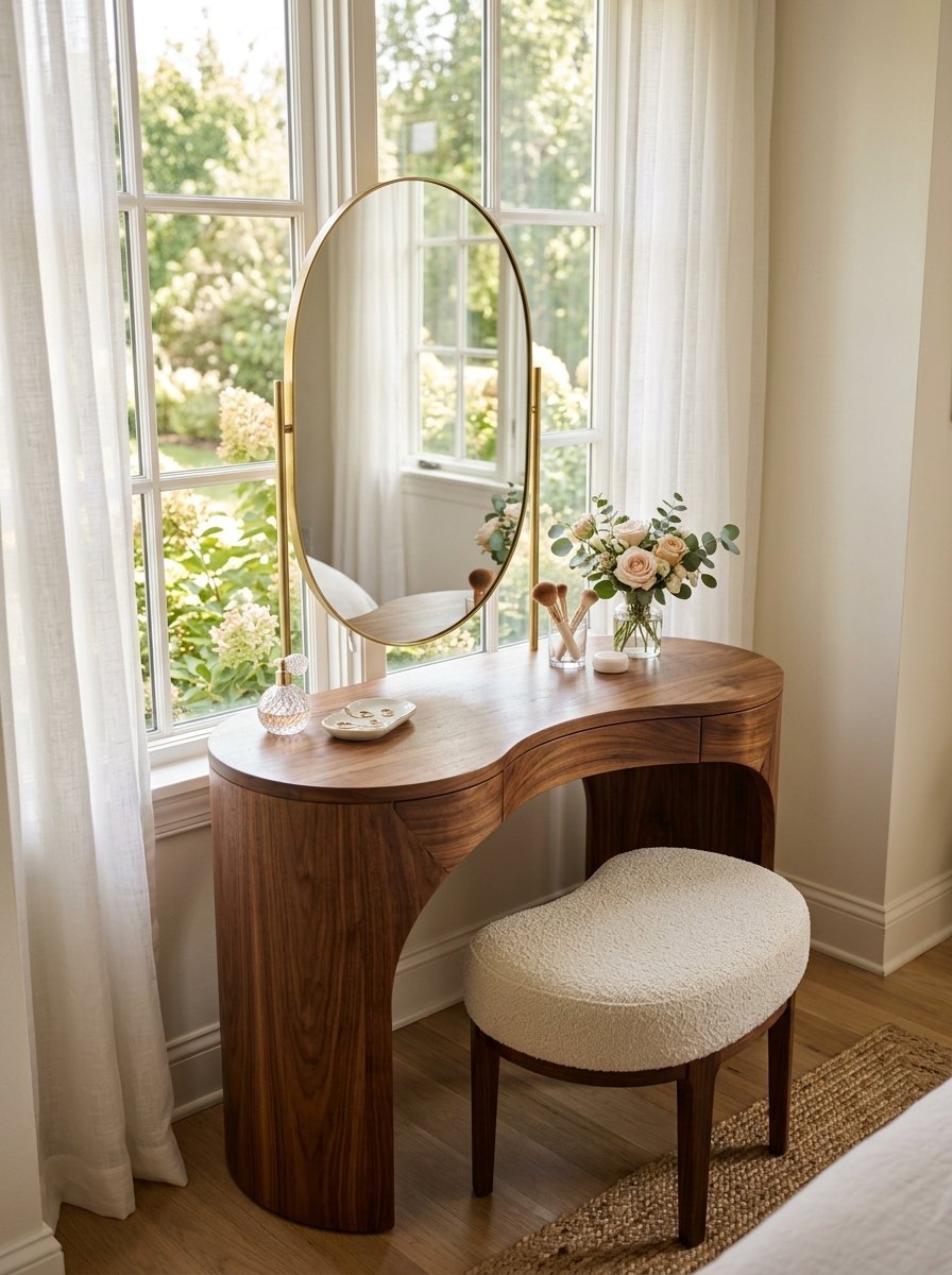 Mid-century modern curved walnut vanity table with a gold-framed oval mirror and a cream boucle stool.