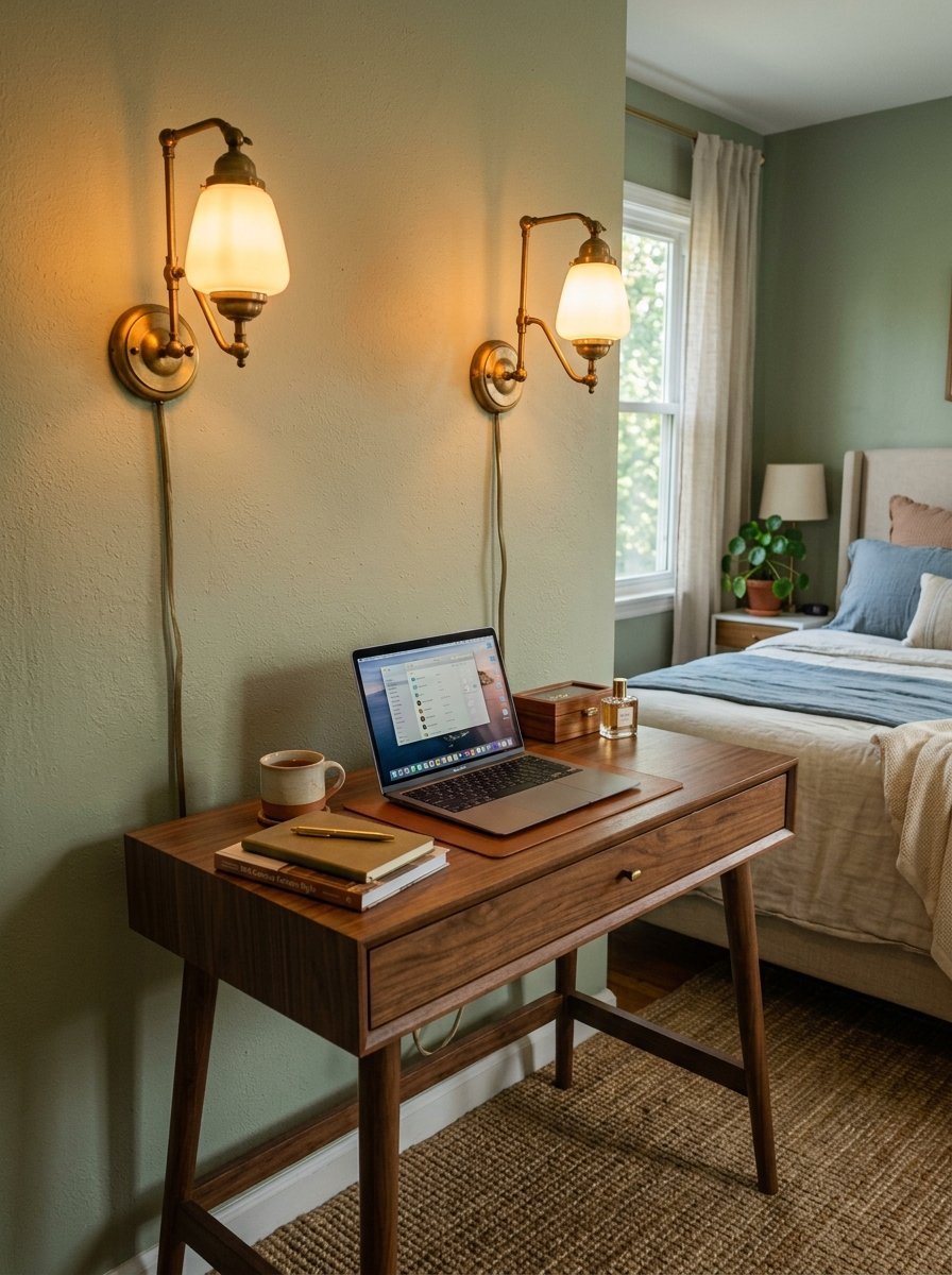 A wooden desk with a laptop, notebook, and coffee mug sits against a sage green wall under two brass wall sconces.