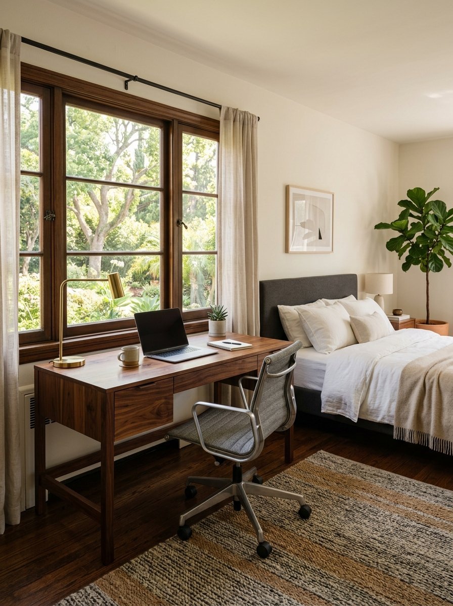 Modern walnut desk with a laptop and lamp positioned next to a bright window in a cozy bedroom.