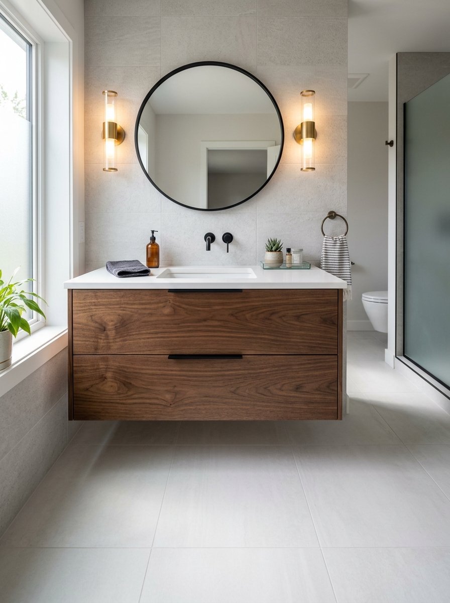A sleek, wall-mounted dark wood vanity with white countertop and black fixtures in a bright bathroom.