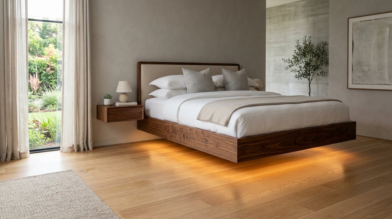 A wooden platform bed appears to float above the floor with integrated warm under-bed lighting in a serene room.