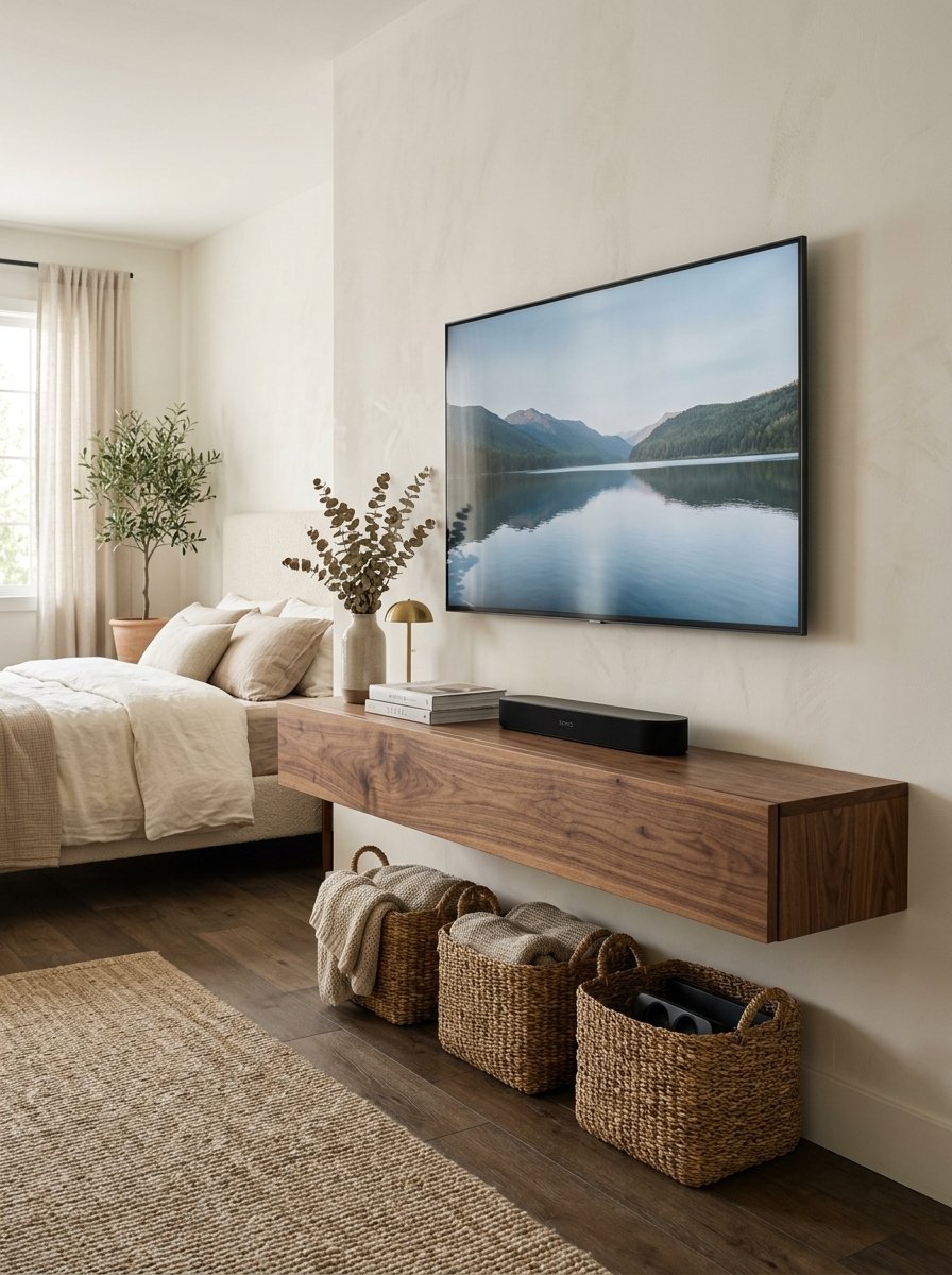 A bedroom with a wall-mounted walnut console, woven storage bins, and a television displaying a mountain lake.