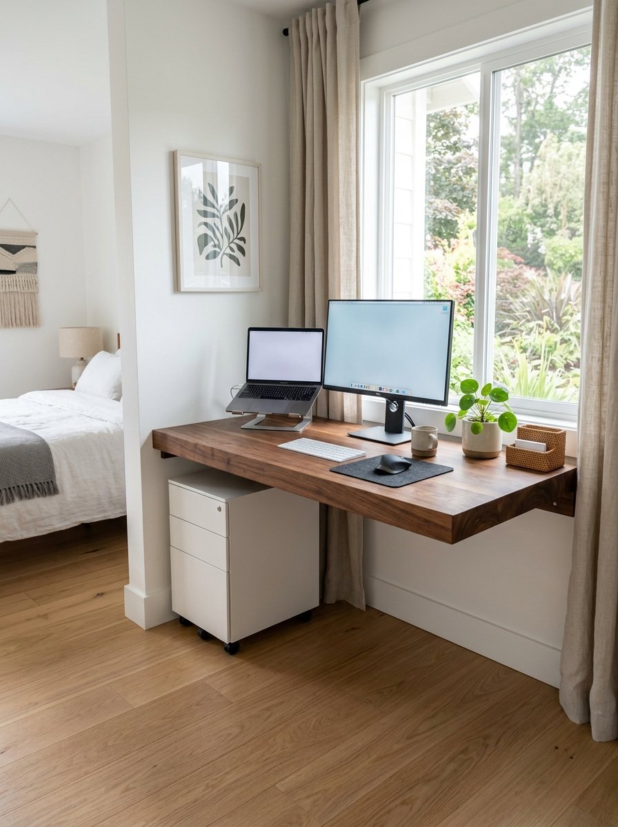 A floating walnut desk by a window with a laptop, monitor, and houseplant in a bright bedroom workspace.