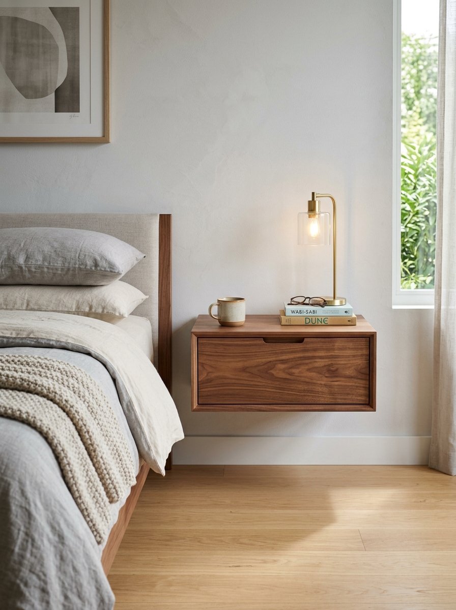Wooden floating nightstand next to a cozy bed with a gold lamp, books, and coffee mug.