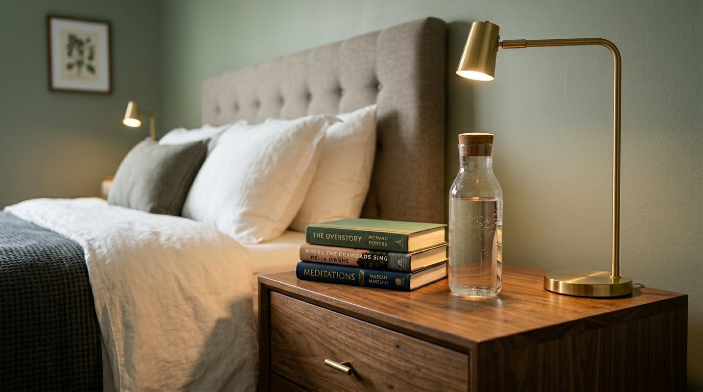 Close up of a wooden nightstand with a brass lamp, water carafe, and stack of books next to a tufted headboard bed.