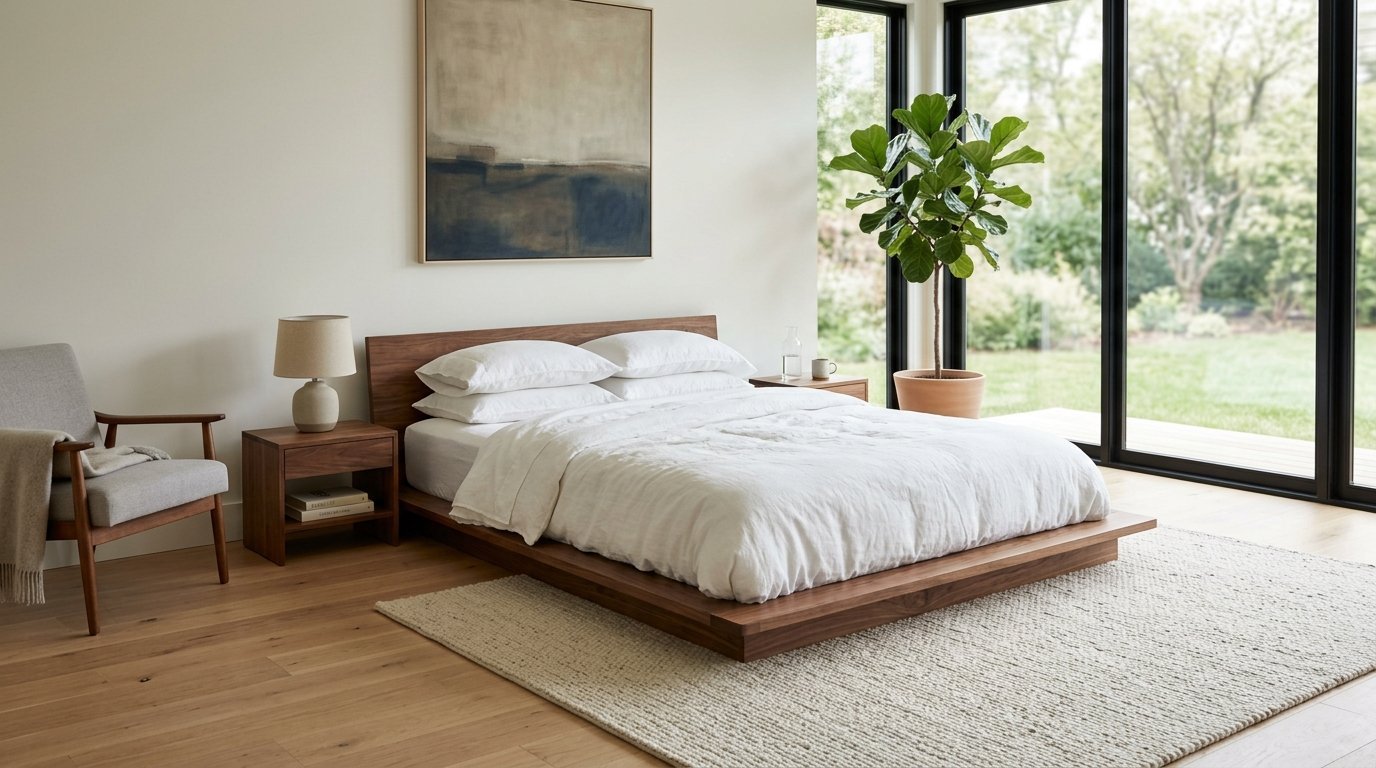 Low-profile wooden platform bed with white bedding next to a large potted fiddle leaf fig tree.