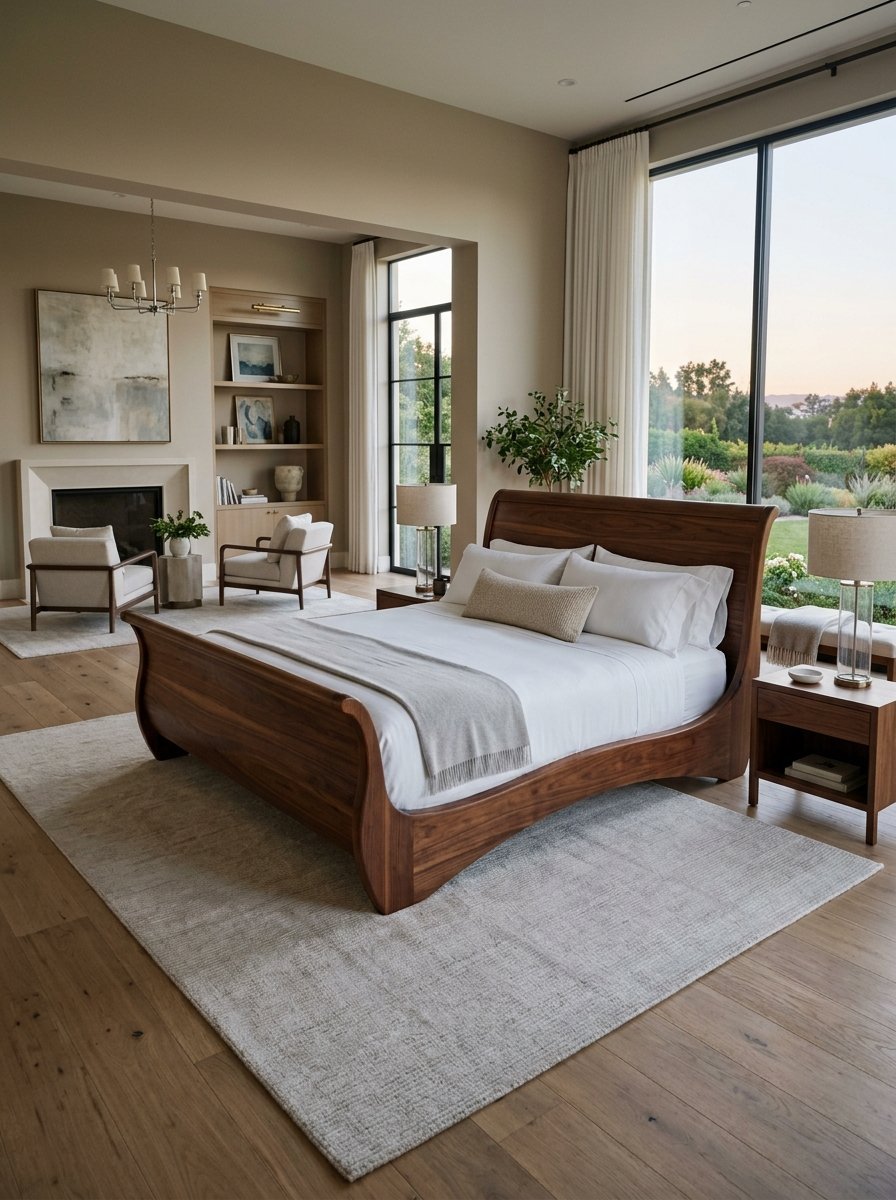 Spacious bedroom with a wooden sleigh bed, fireplace area, and large floor-to-ceiling windows looking out to a garden.