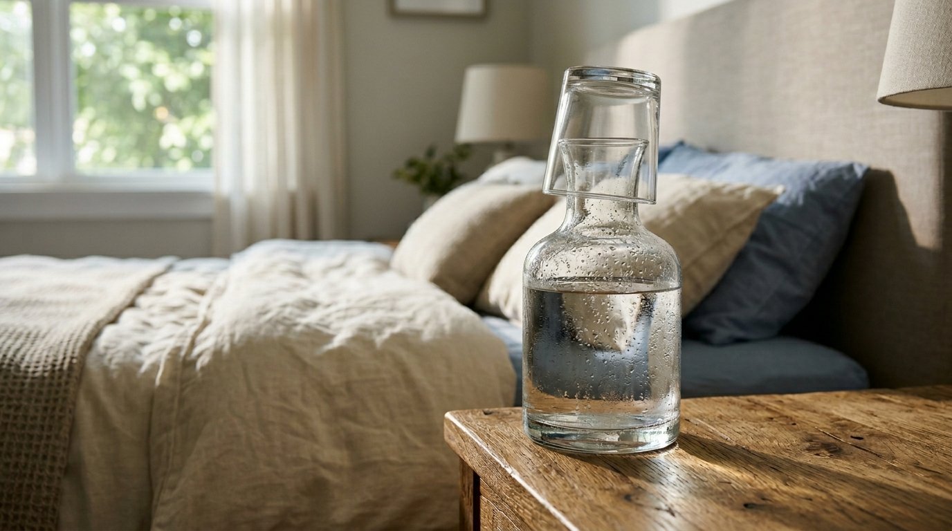 A glass water carafe with an inverted drinking glass on top, sitting on a wooden nightstand in a bedroom.