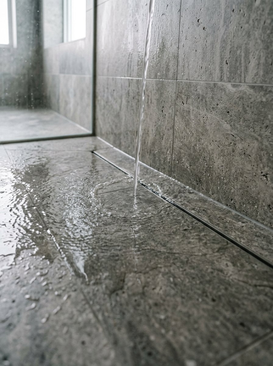 Close-up of a thin stream of water falling onto a textured grey stone tile floor in a modern shower.
