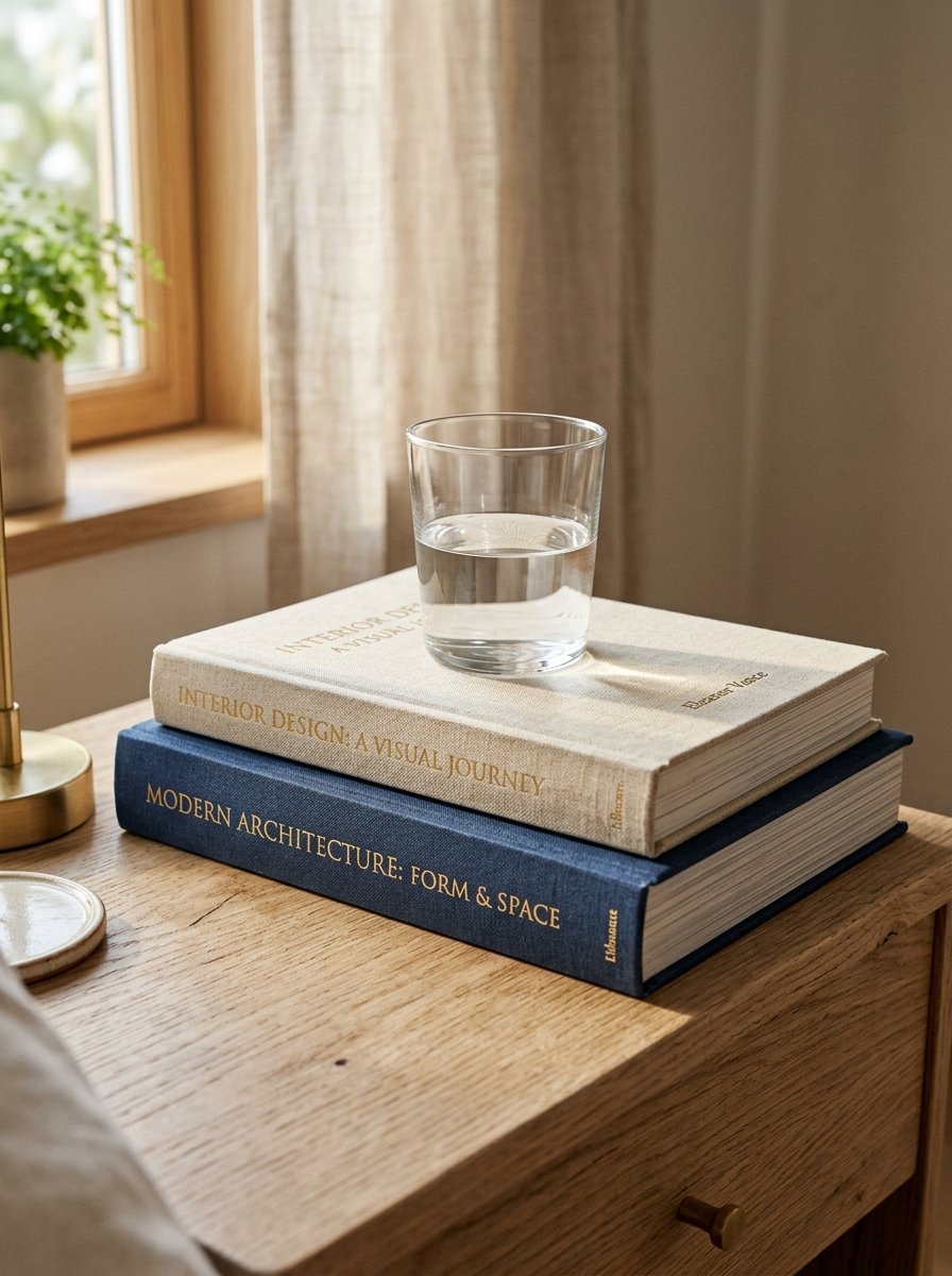 A filled glass sits on top of a beige interior design book, which is stacked on a blue modern architecture book.