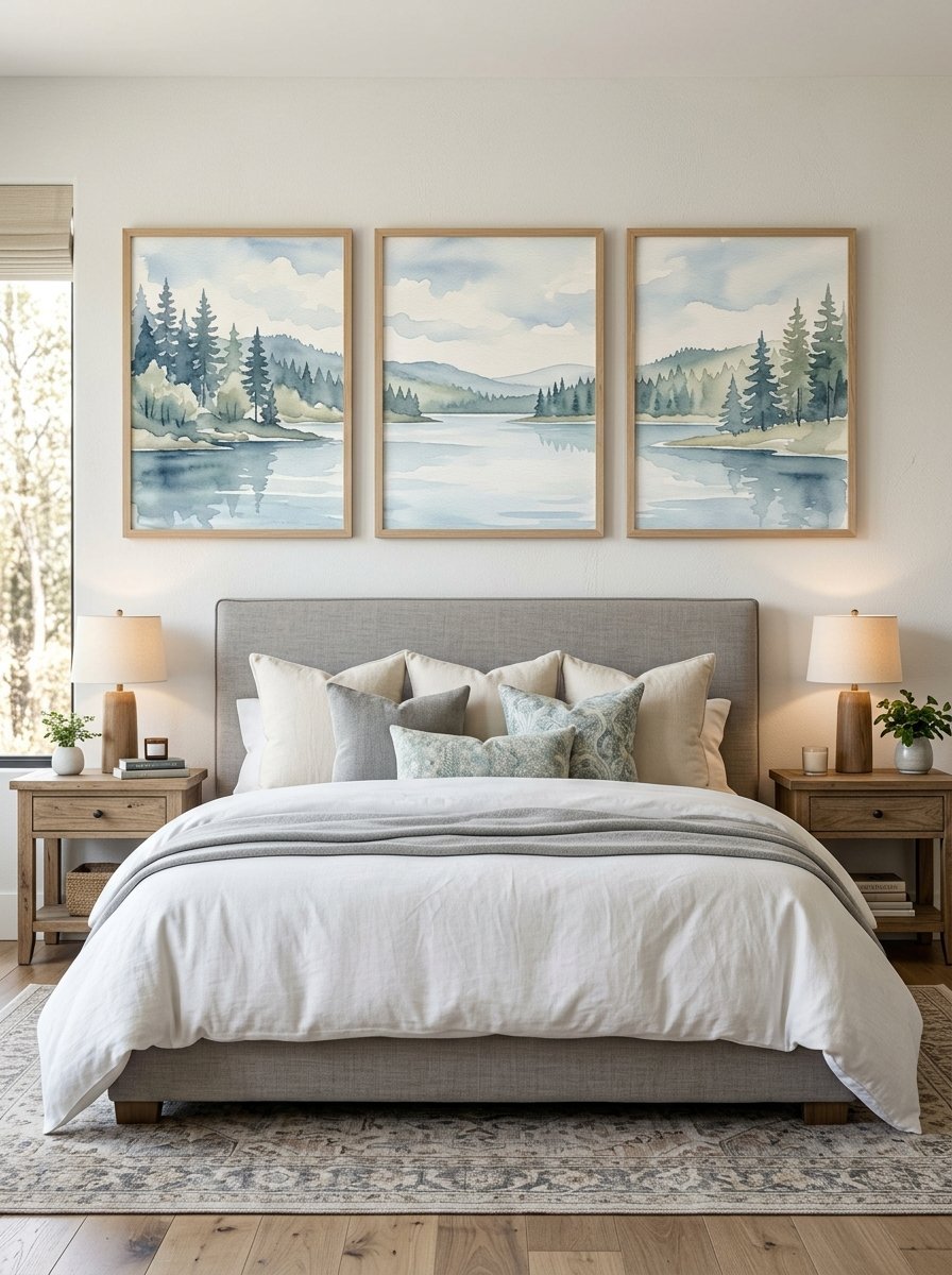 Three framed watercolor paintings of pine trees and a lake hanging over a grey upholstered platform bed.