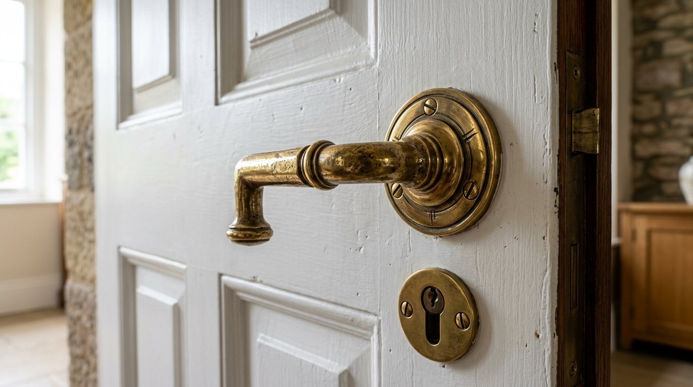 Vintage brass handle with a matching keyhole escutcheon mounted on a white painted paneled door.
