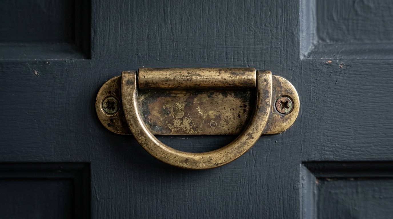 Close up of an aged, semicircular metal pull on a dark charcoal wooden panel.