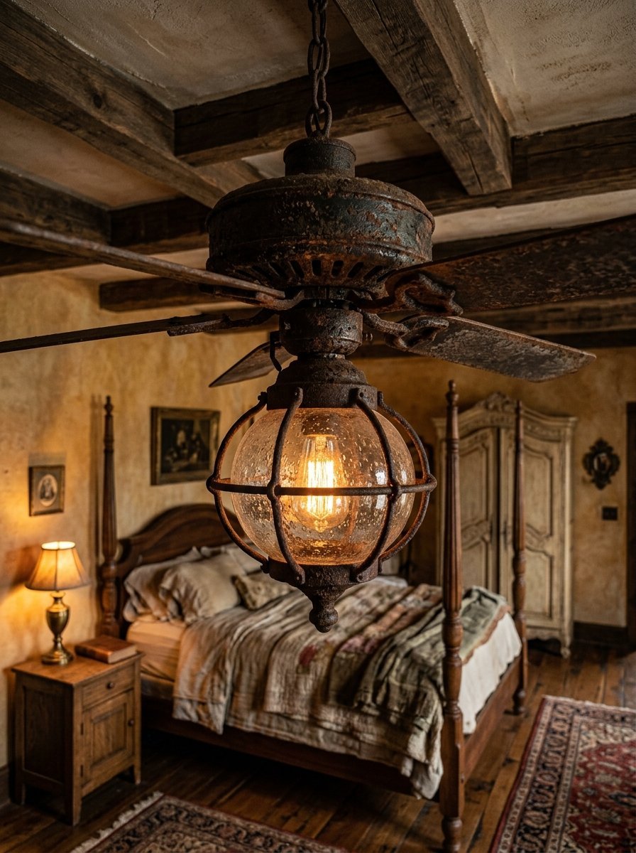 A vintage metal ceiling fan with a caged Edison light bulb hanging in a cozy, rustic bedroom.