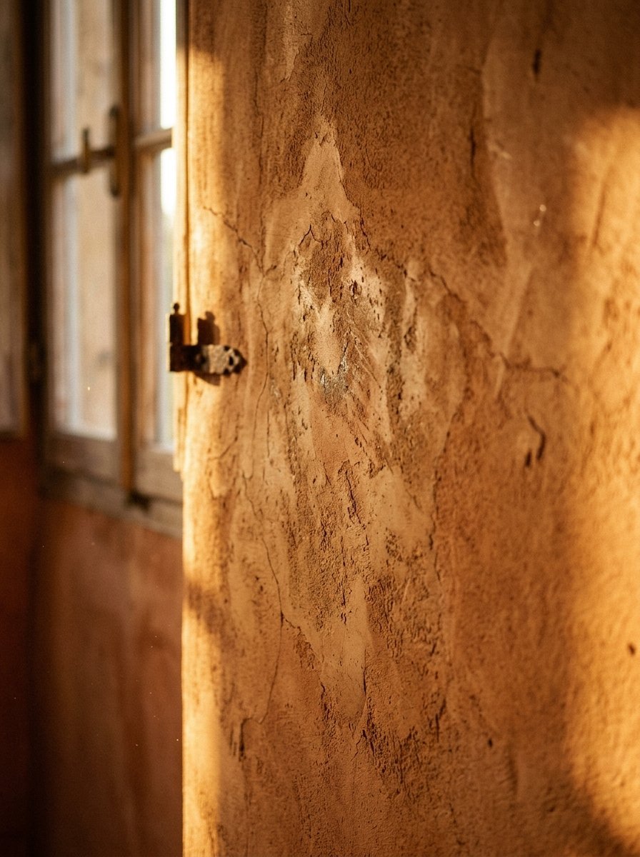 Close-up of a textured orange wall with a metal window hinge under warm sunset light.