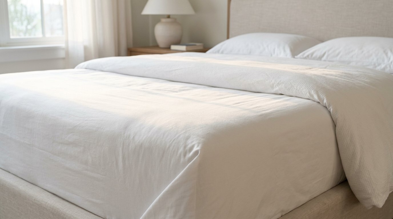 Close up of a bed made with smooth white sheets and pillows in a bright, sunlit room.