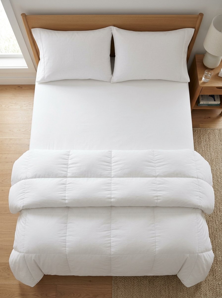 Top view of a tidy bed with a white quilted comforter and matching pillows on a wooden frame.