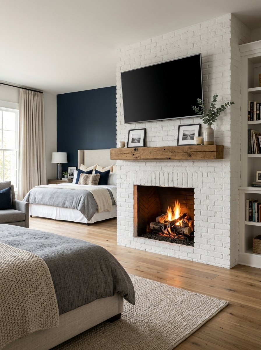 Spacious bedroom with a wall-mounted TV above a fireplace, dark blue accent wall, and wood floors.
