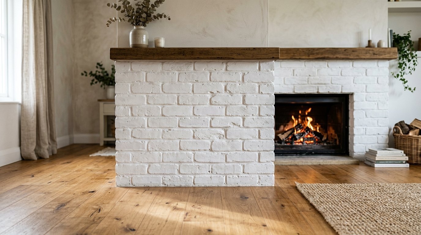 A rustic living room with a white brick hearth, wooden mantelpiece, and a warm, glowing fire burning in the insert.