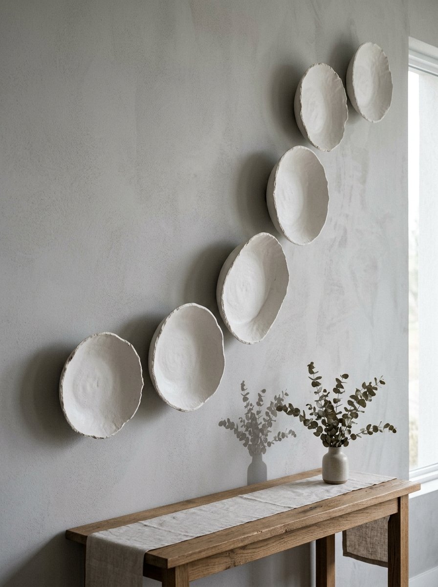 Decorative circular white pottery bowls arranged diagonally above a wooden console table with eucalyptus.