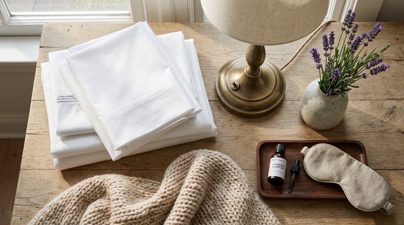 Folded crisp white bed linens, a vase of lavender, sleep oil, and an eye mask on a rustic wooden table.