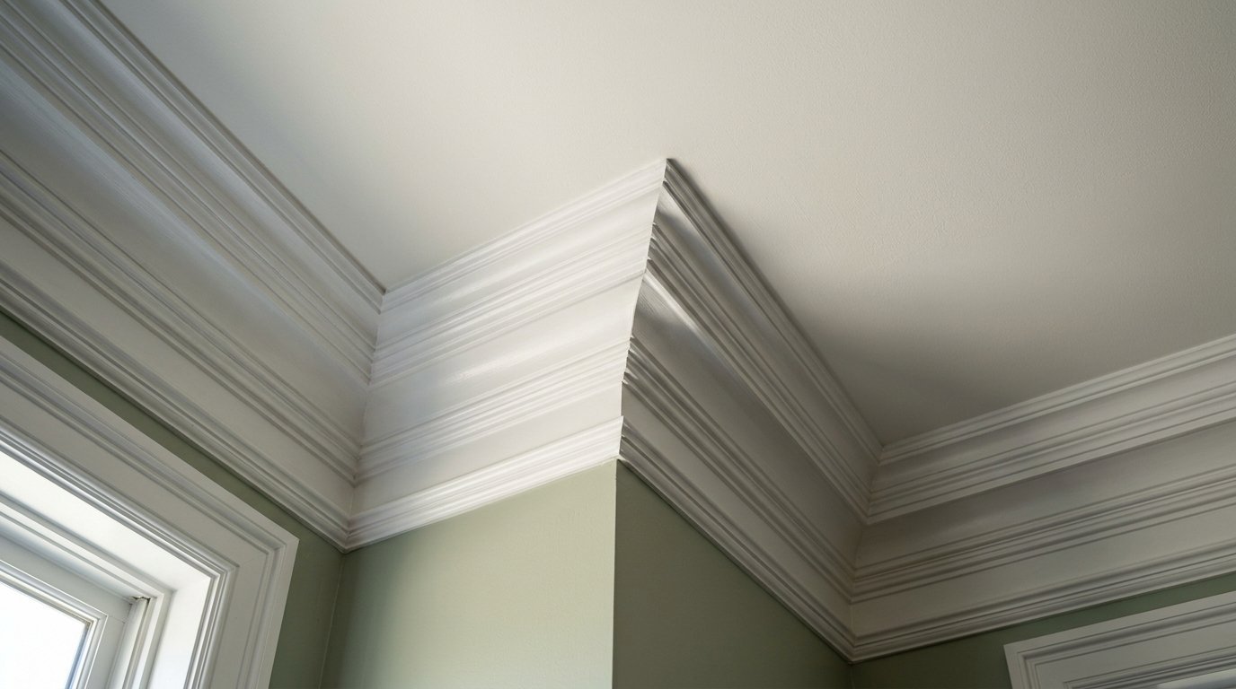 Close-up view of decorative white crown molding where the wall and ceiling meet.