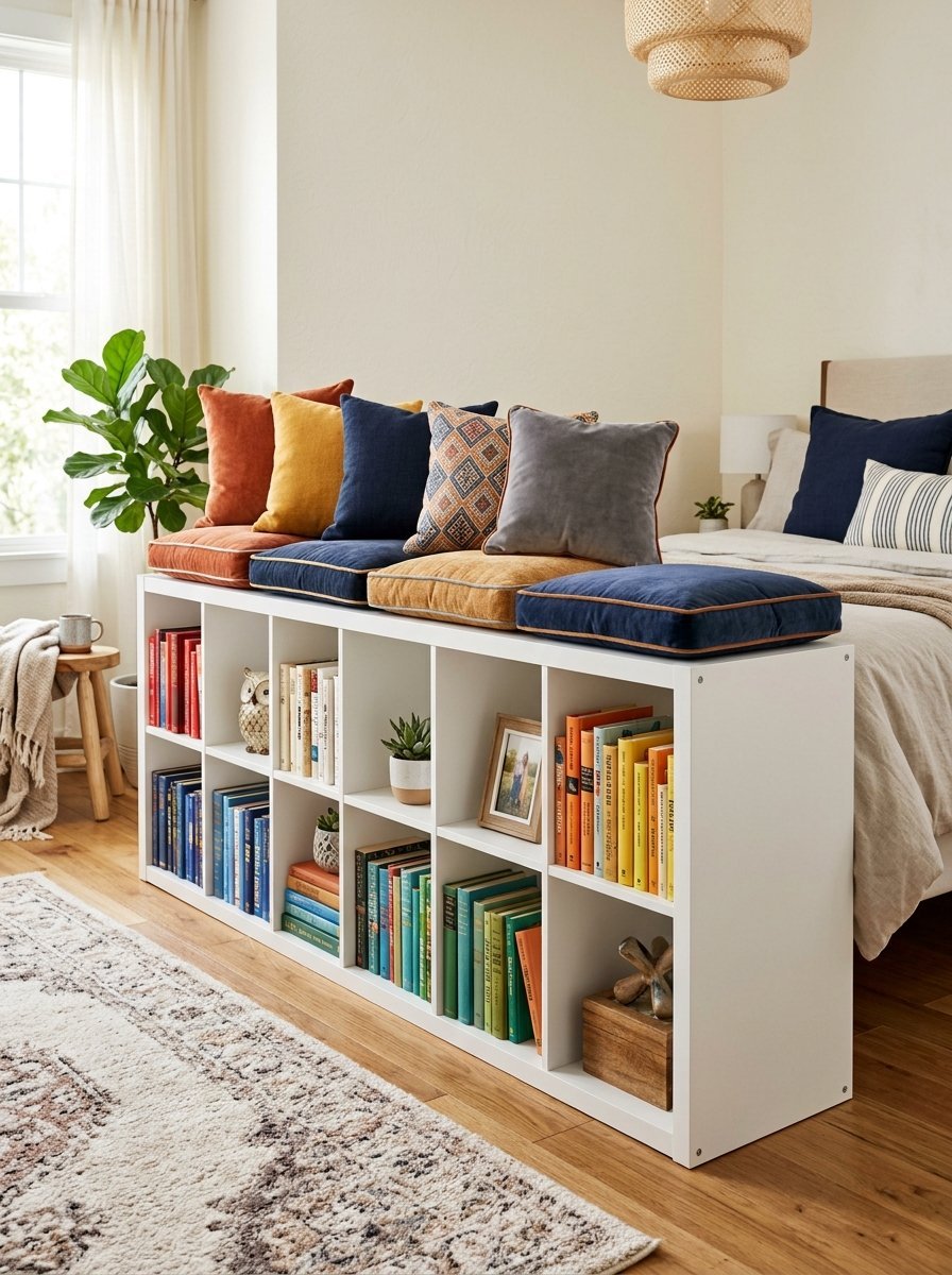 A white shelving unit filled with colorful books and topped with several decorative throw pillows at the foot of a bed.