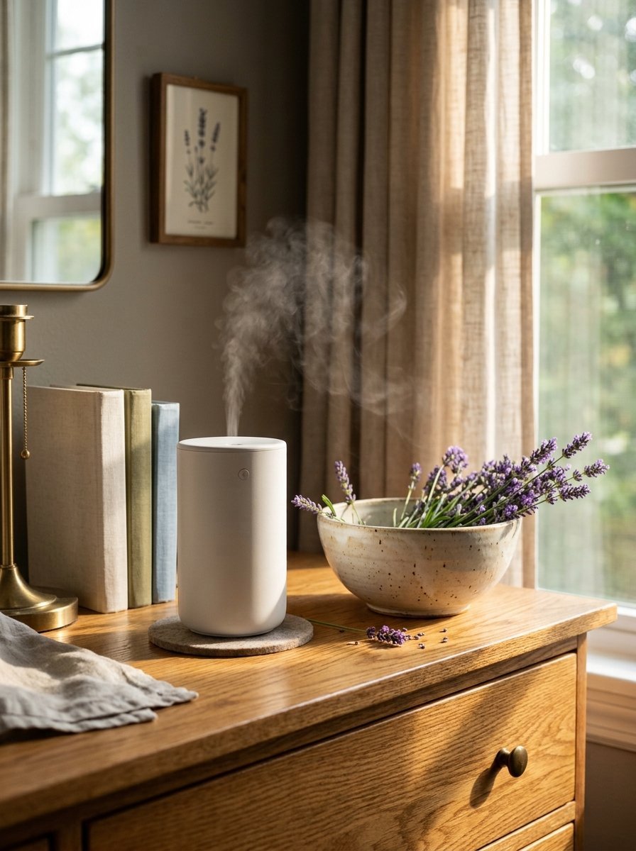 Modern cylindrical diffuser releasing vapor on a wooden drawer with a bowl of lavender flowers.
