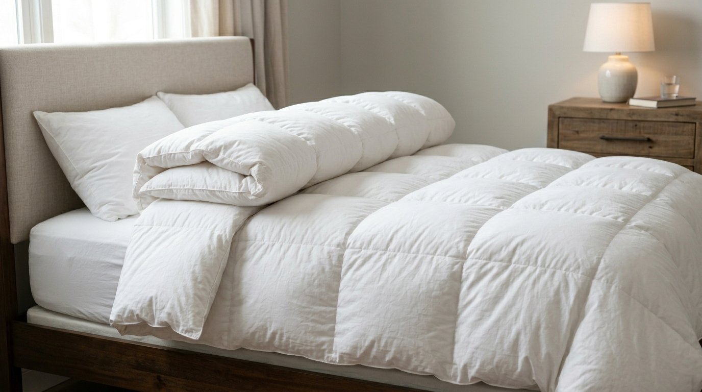 A plush white comforter with a grid stitch pattern resting on a bed with a neutral headboard and bedside lamp.