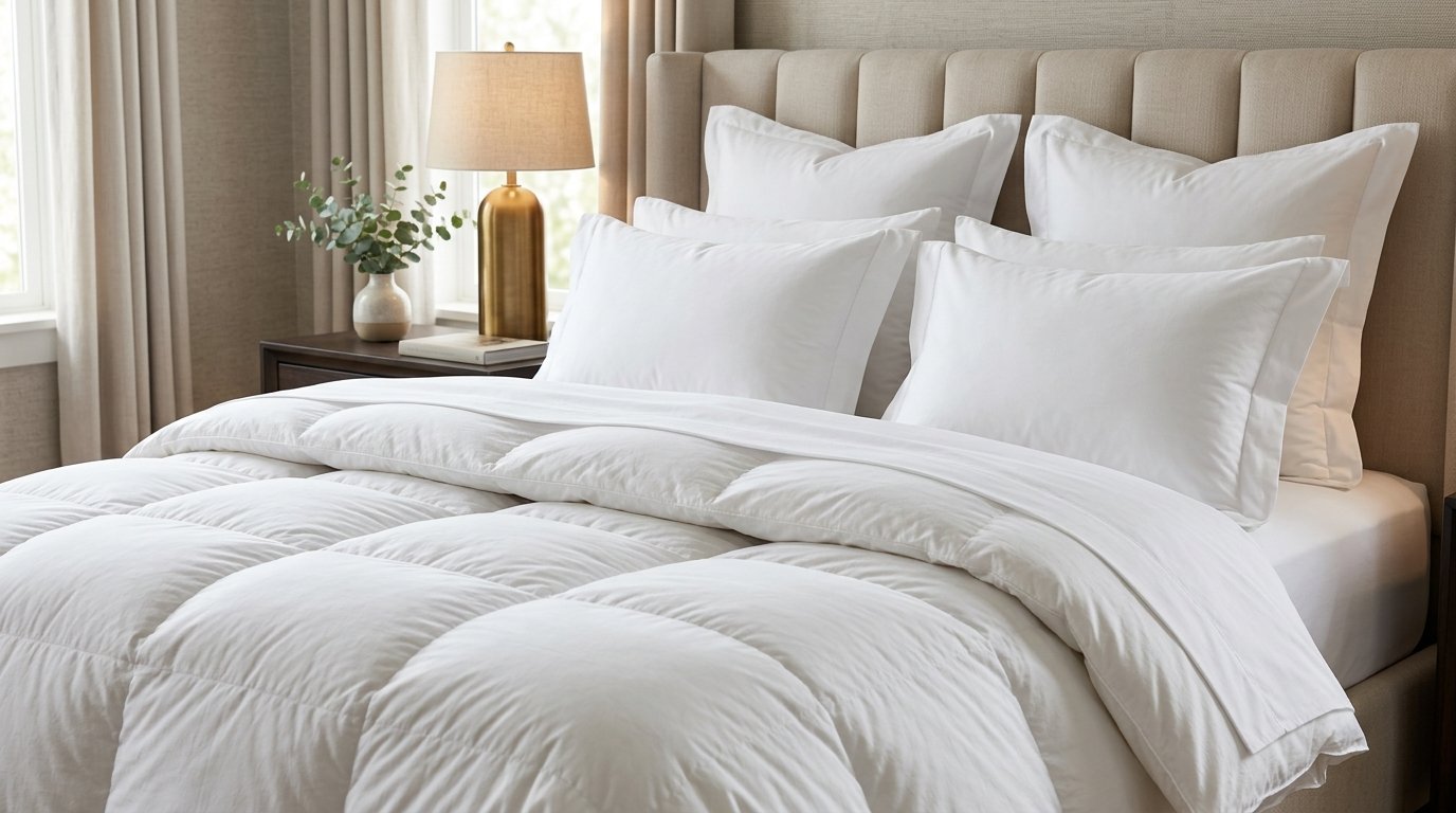 A fluffy white duvet rests on a made bed with a beige tufted headboard and matching pillows.