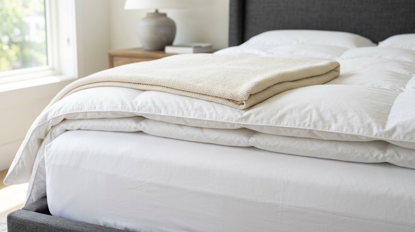 A fluffy white down comforter and beige throw blanket on a neatly made bed.