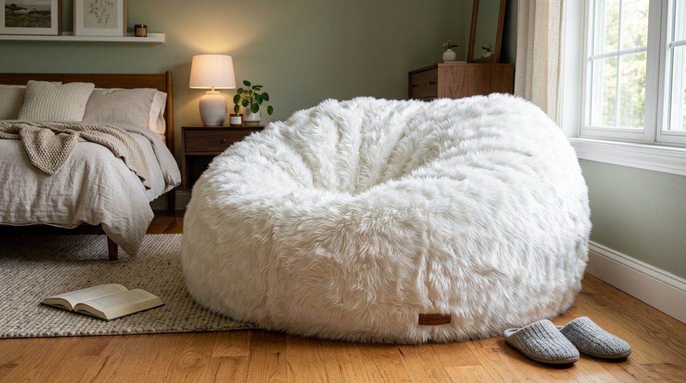 A fluffy, oversized white beanbag chair sits on a hardwood floor next to an open book and grey slippers.