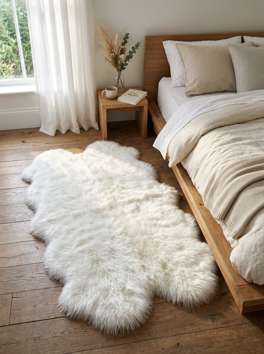 A fluffy white rug on a wooden floor in a bedroom with a tan bedside table and beige bedding.
