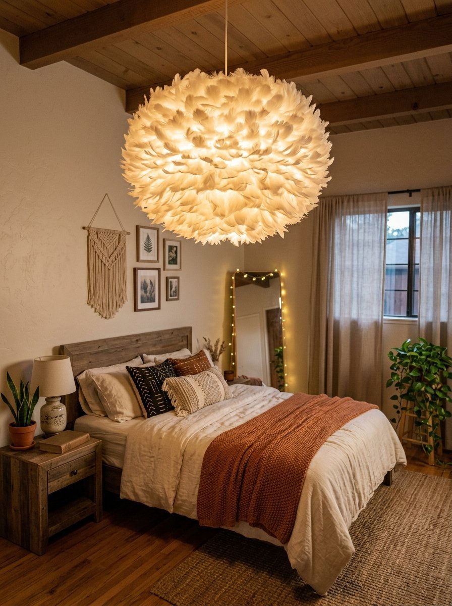 A rustic bedroom with a fluffy white orb chandelier hanging over a bed with a terracotta throw blanket.