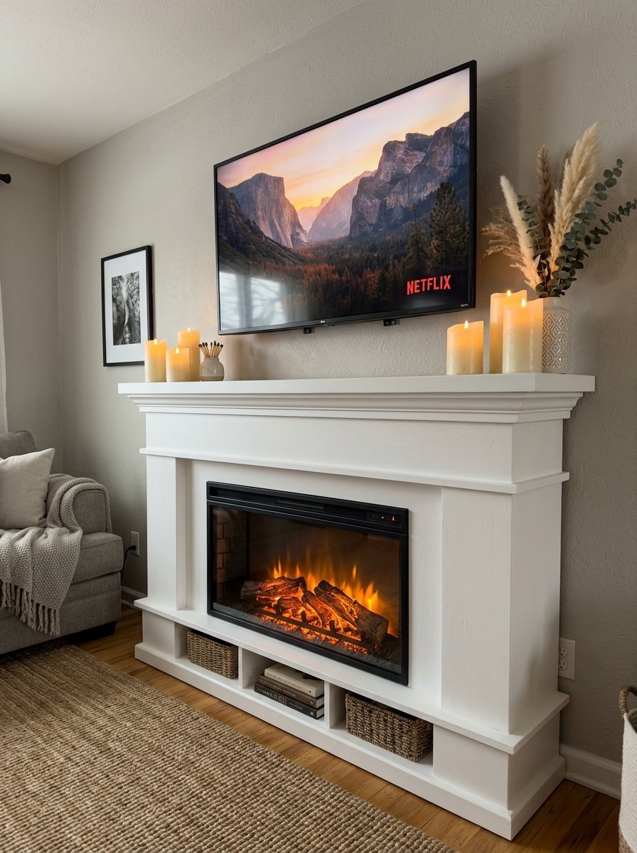 Modern white fireplace with candles and a television mounted above showing a nature scene.