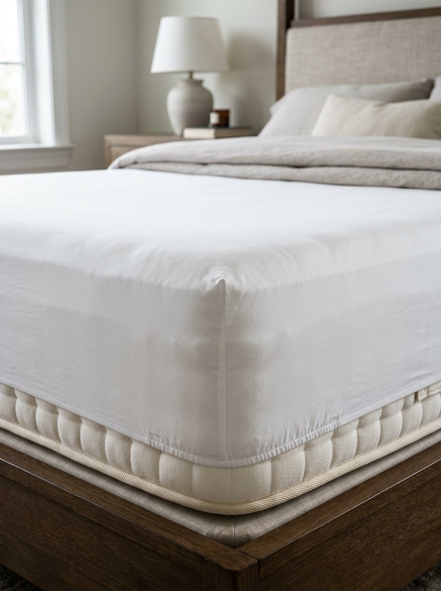 Close-up of a white fabric fitted sheet neatly tucked over the corner of a textured mattress.