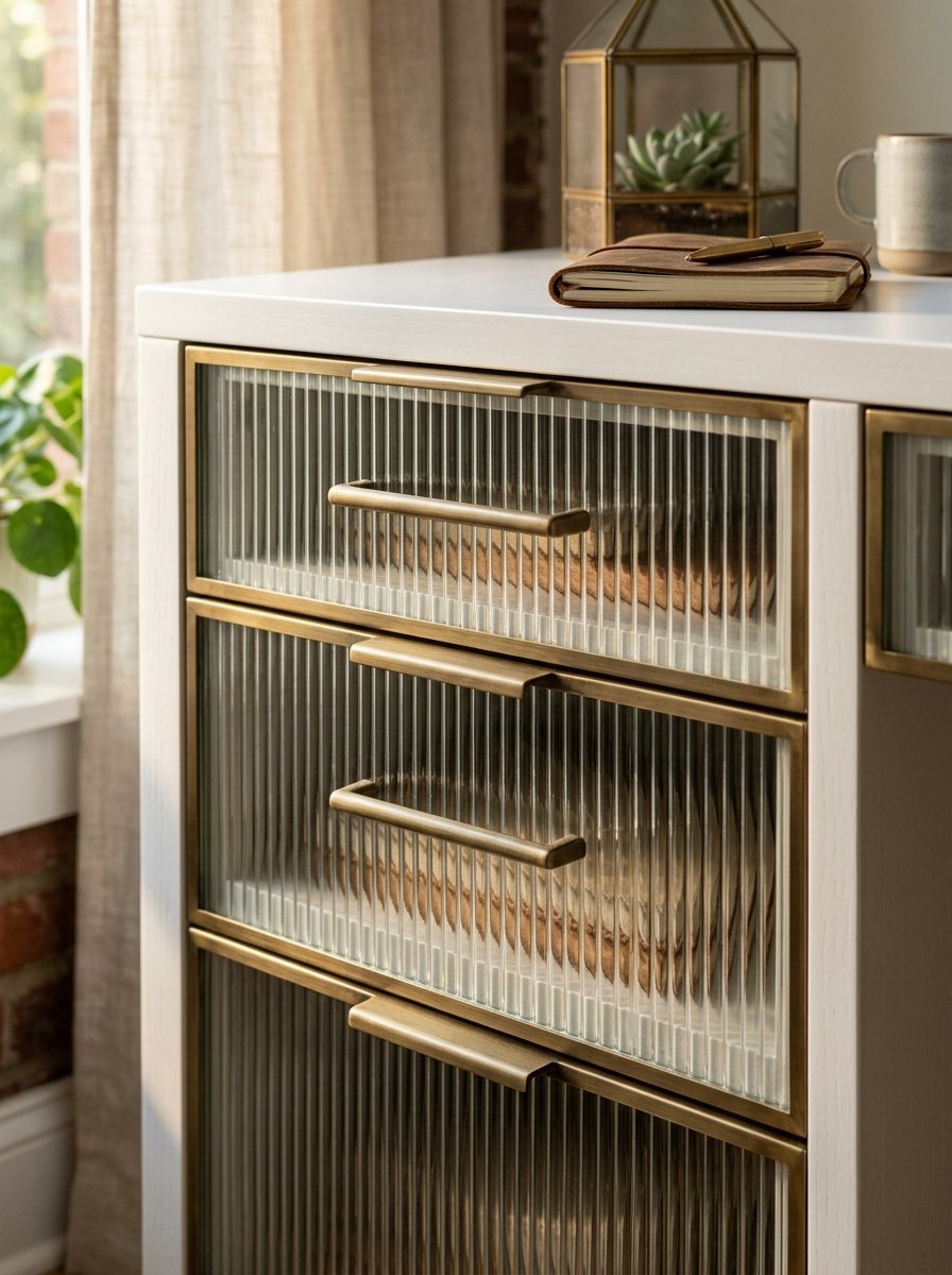 Close-up of a white cabinet with ribbed glass drawers, brass handles, and office accessories on top.