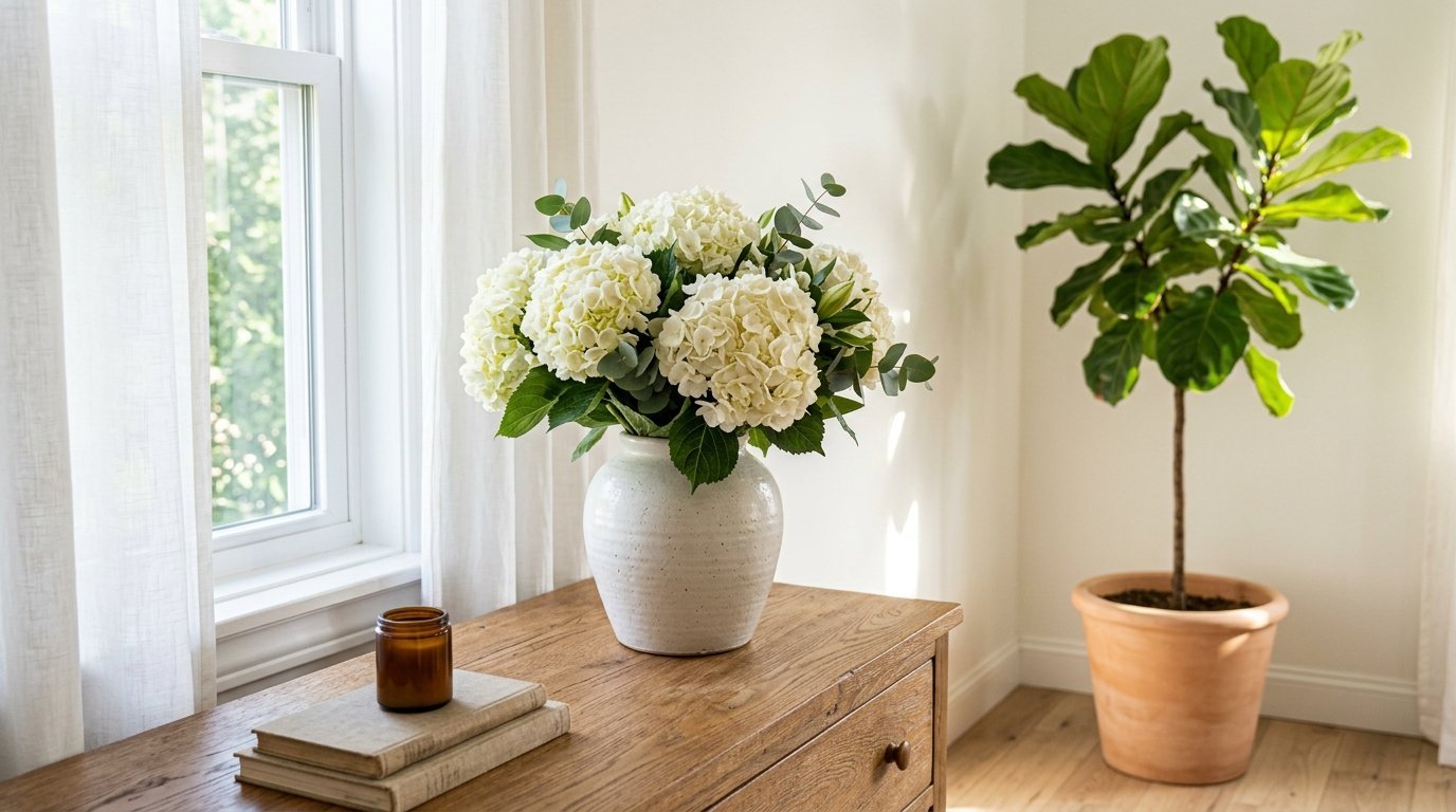 A rustic white vase filled with white hydrangeas sits next to books and a candle near a window with a fiddle leaf fig.