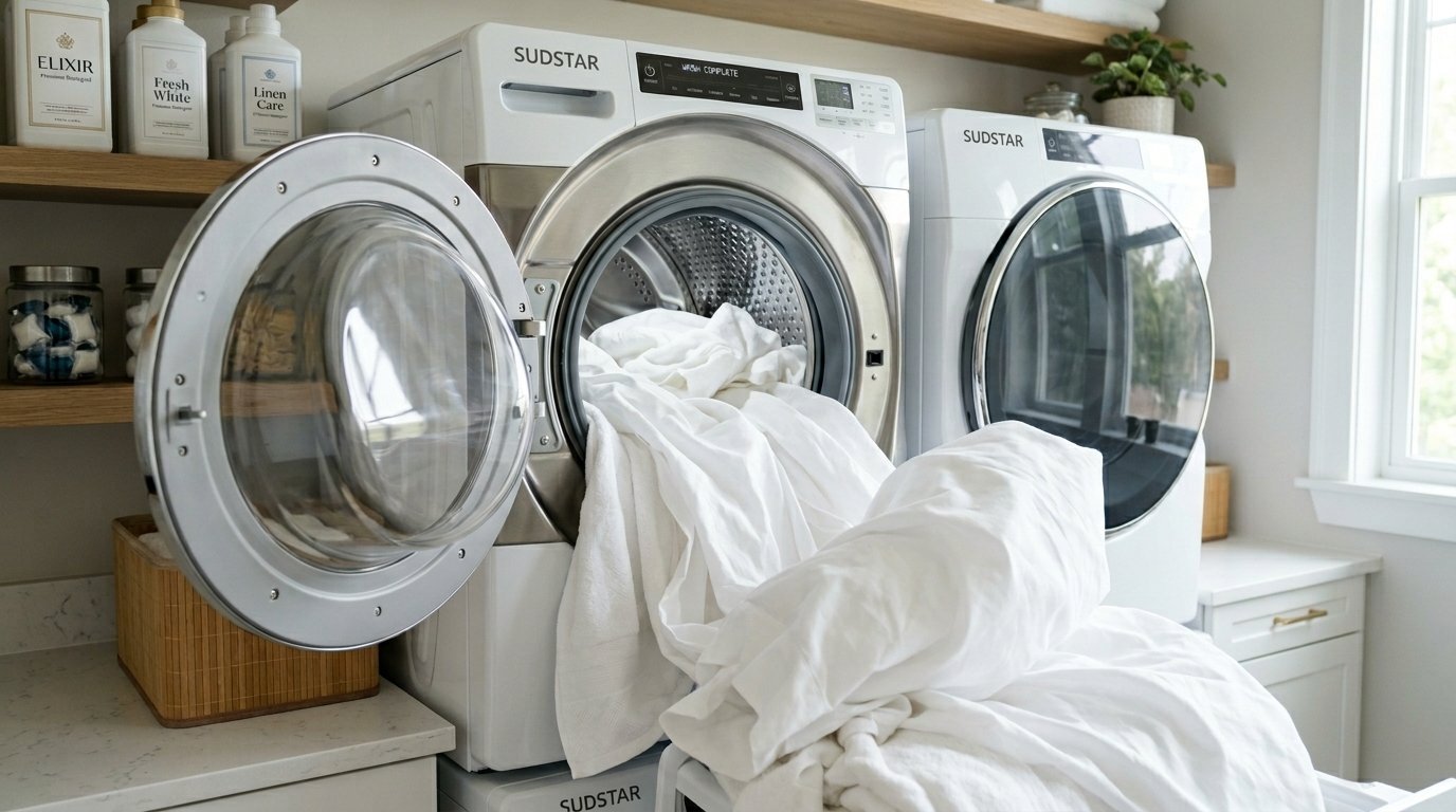 A Sudstar front-loading washer with a pile of white fabric spilling out onto the laundry room counter.