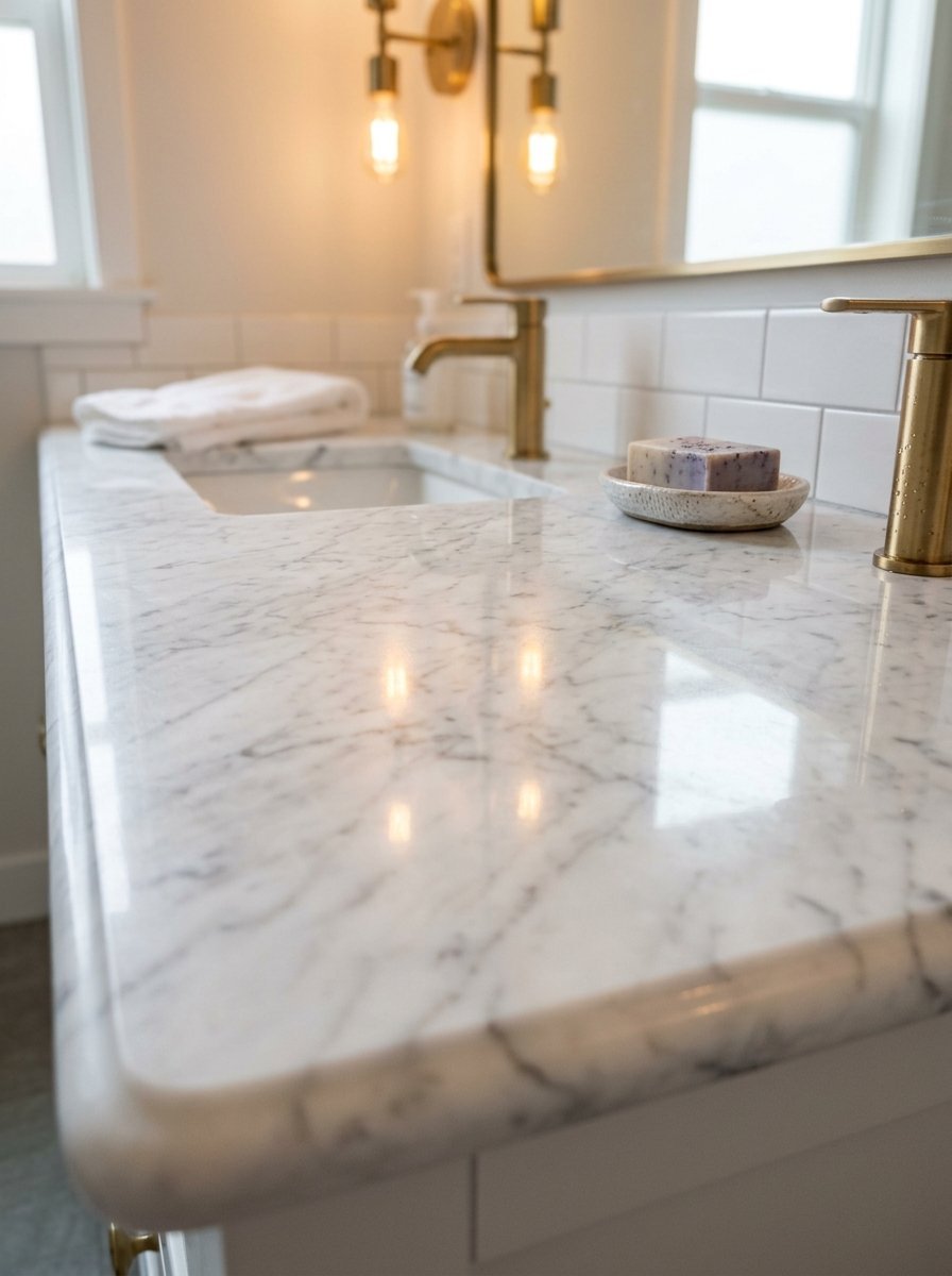 Polished marble vanity surface with gold faucet fixtures and a bar of soap on a dish.