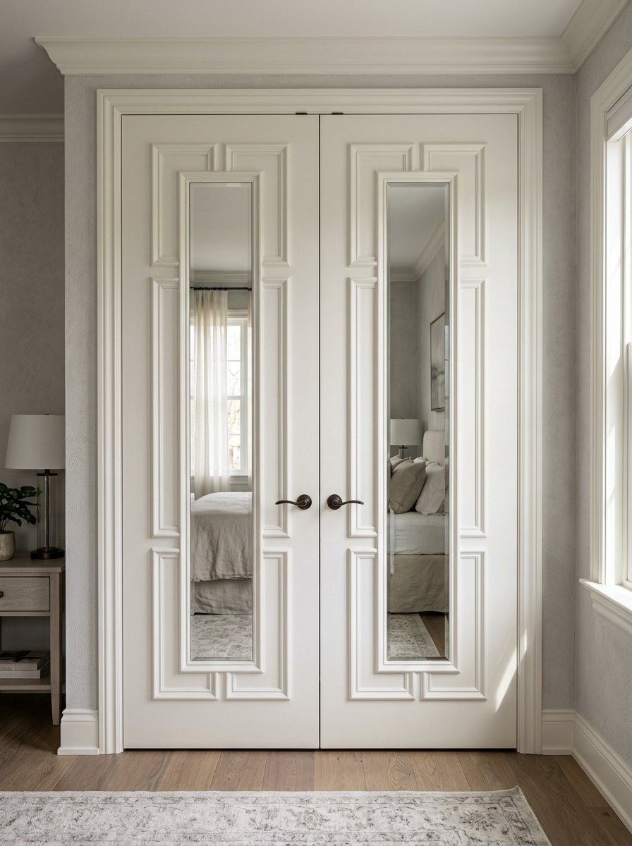 Close-up of white wooden double doors with recessed panels and vertical center mirrors reflecting a bedroom.