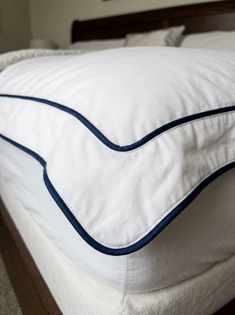 Close-up of a soft white bed pillow with dark blue trim detail on a wooden bed frame.